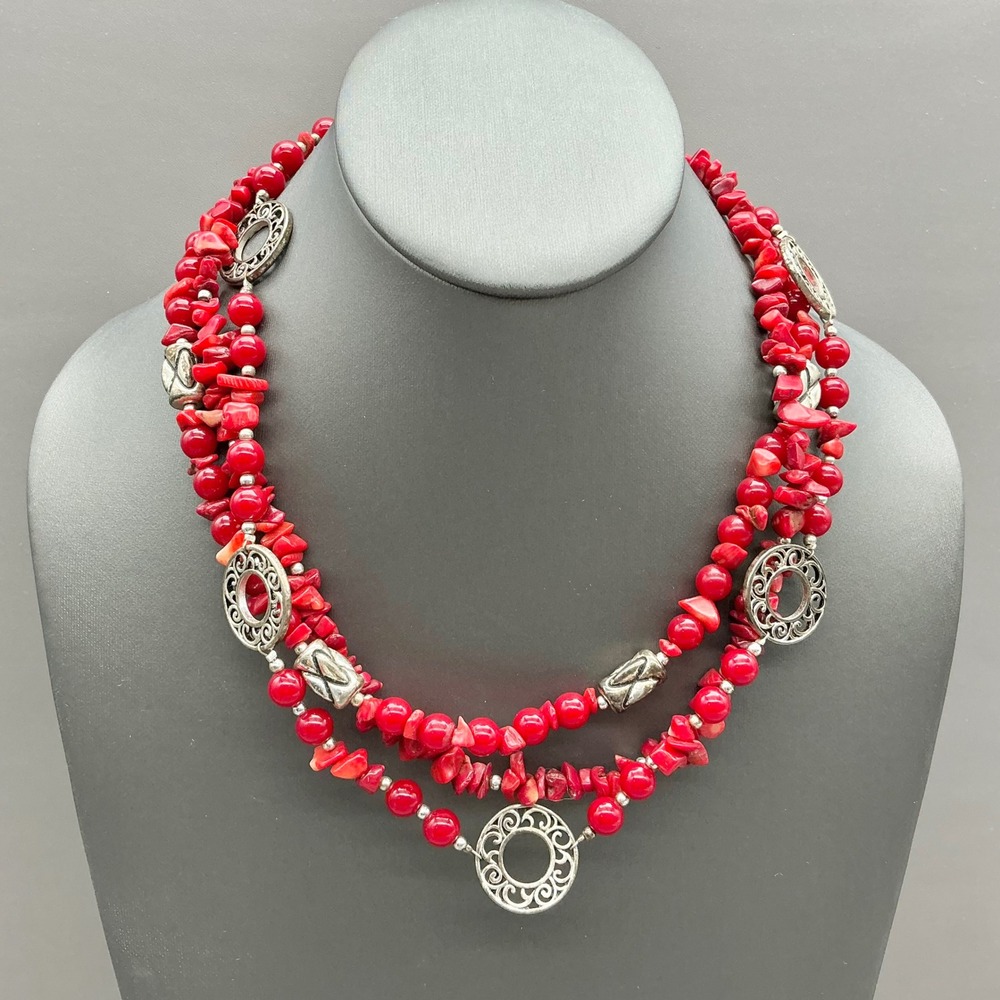 Premier Designs Necklace Women Red Multi Strand Beaded Silver Tone Boho Jewelry